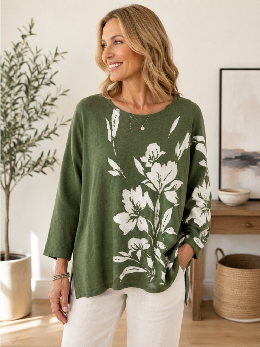 Joie Green Floral Knit Sweater White Botanical Print Relaxed Fit L/XL